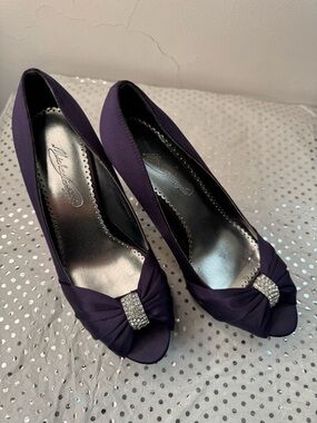 Michaelangelo Deep Purple Satin Peep-Toe Heels with Rhinestone Detail